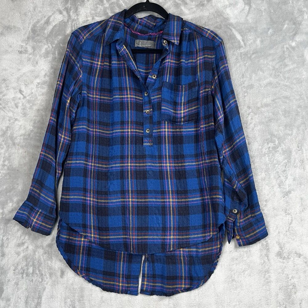 By Anthropologie  Womens Shirts Blue‎ Plaid Henley Flannel Button Back Small